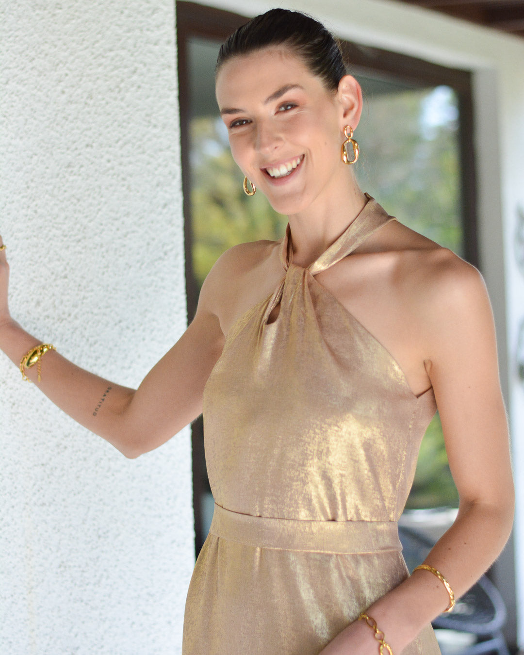 Vestido Puntí Crepe Dorado