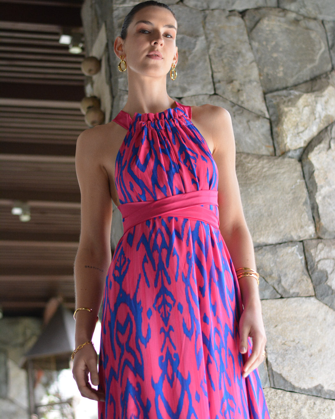 Vestido Colomba Estampado Azul Fucsia