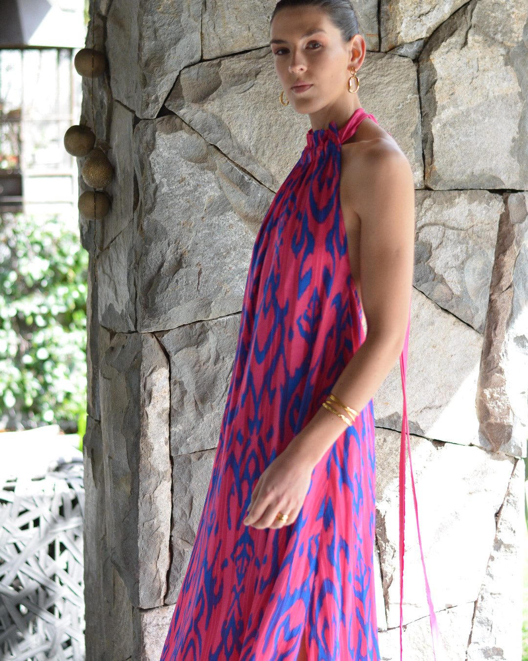 Vestido Colomba Estampado Azul Fucsia