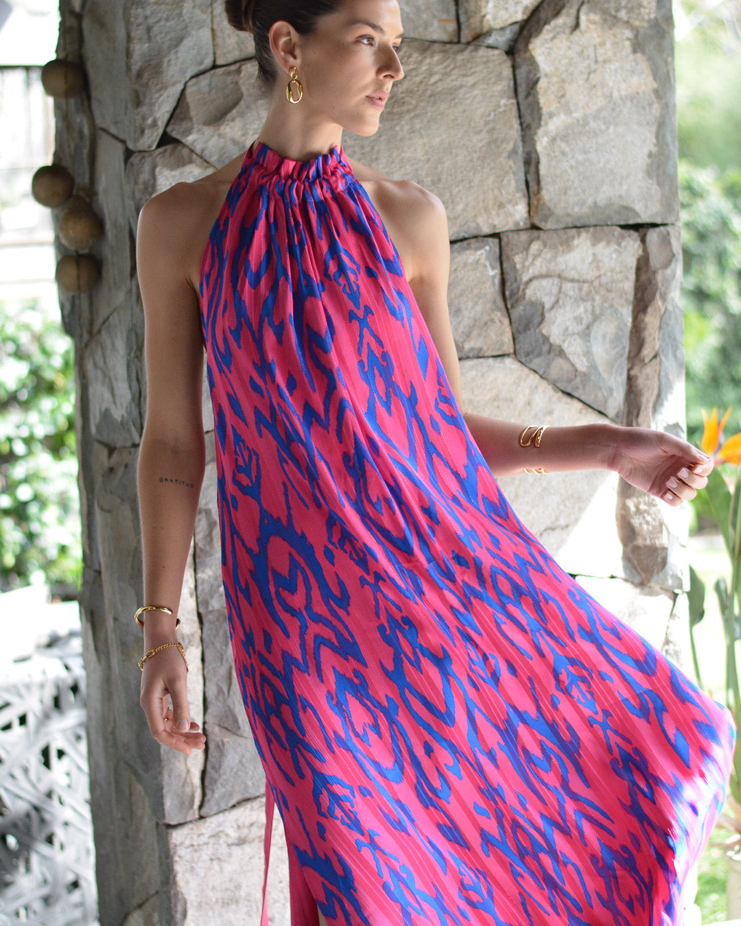 Vestido Colomba Estampado Azul Fucsia